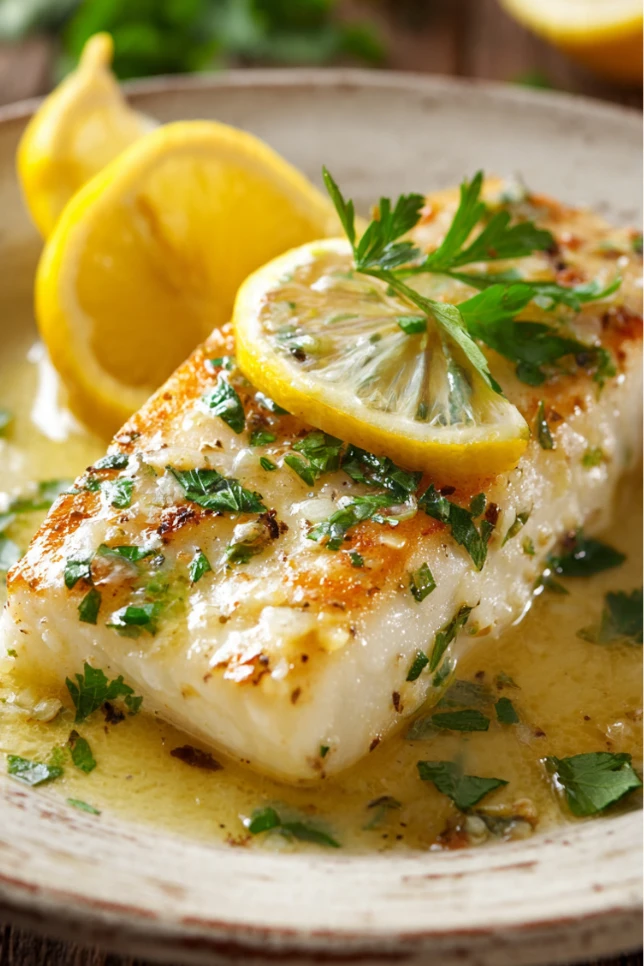 Golden pan-seared fish fillet with lemon butter sauce and fresh parsley on white plate