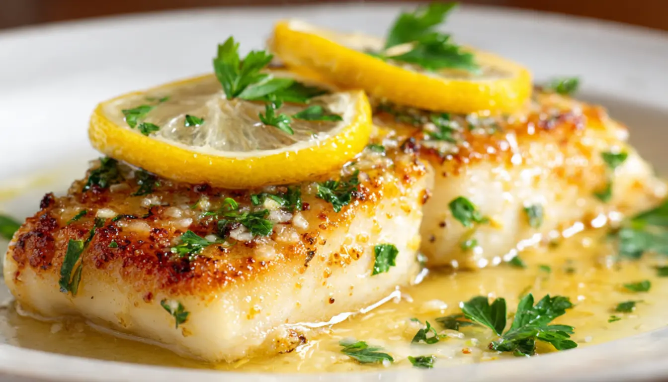 Golden pan-seared fish fillet with lemon butter sauce and fresh parsley on white plate