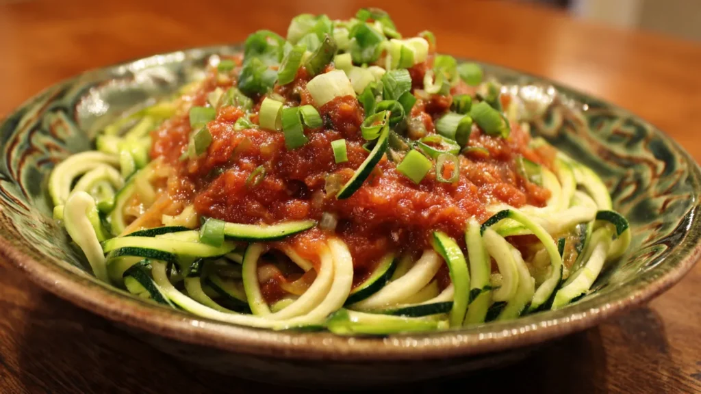 Zucchini noodles topped with marinara sauce and fresh basil in a white bowl