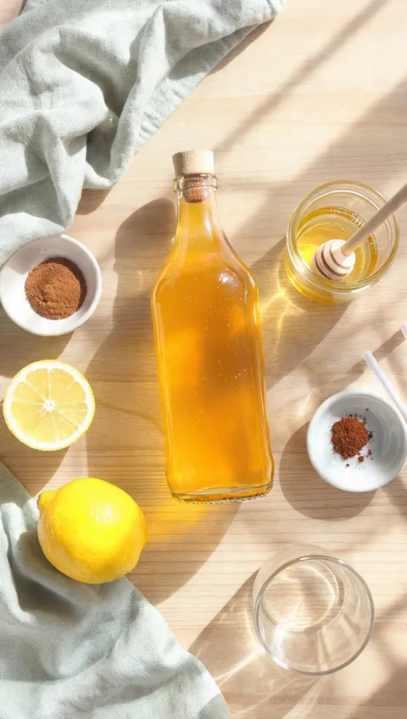 Ingredients for apple cider vinegar detox drink including ACV, lemon, honey, and spices laid out on marble surface