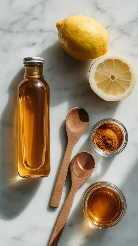 Ingredients for ACV lemon fat burner tonic including apple cider vinegar, fresh lemons, cayenne pepper, and honey
