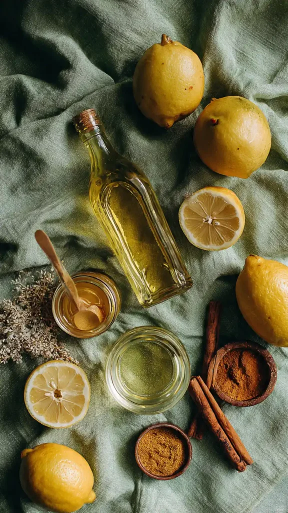 Flat lay of apple cider vinegar tonic ingredients including ACV, lemon, honey, and spices
