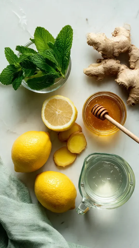 Fresh ingredients for anti-inflammatory mint lemon juice - lemons, mint, ginger, and honey arranged on a white surface