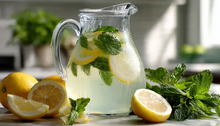 Glass pitcher of anti-inflammatory mint lemon juice with fresh mint leaves and lemon slices on a kitchen counter