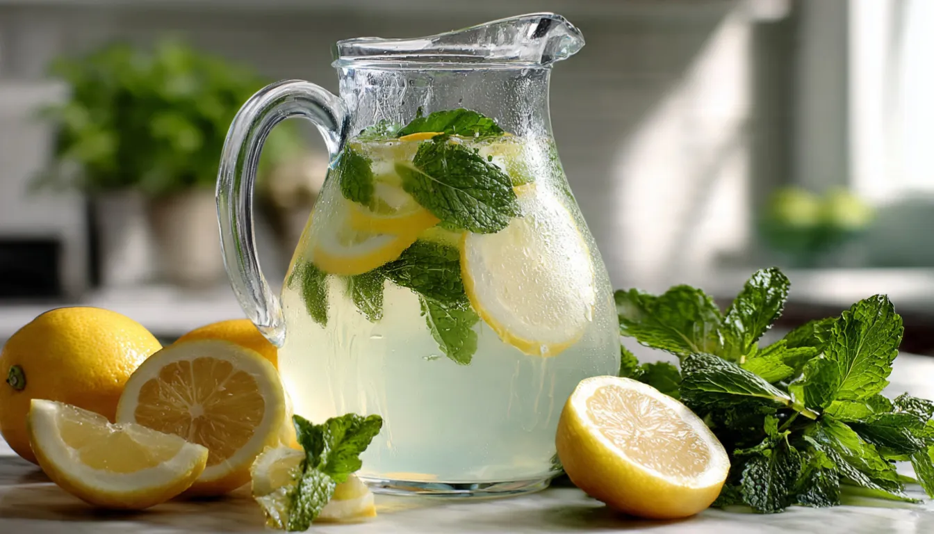 Glass pitcher of anti-inflammatory mint lemon juice with fresh mint leaves and lemon slices on a kitchen counter