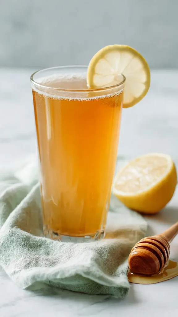 Glass of apple cider vinegar detox drink with lemon slice and honey on white marble countertop