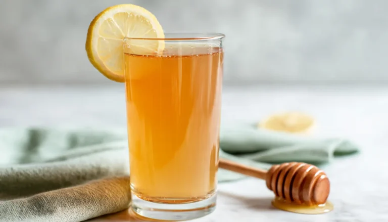 Glass of apple cider vinegar detox drink with lemon slice and honey on white marble countertop
