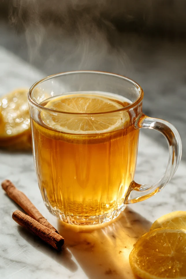 Apple cider vinegar tonic in a clear glass mug with lemon slices and honey on marble counter
