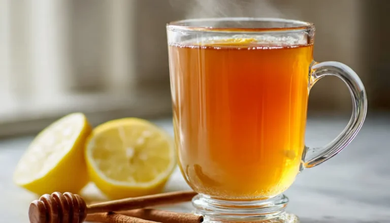 Apple cider vinegar tonic in a clear glass mug with lemon slices and honey on marble counter