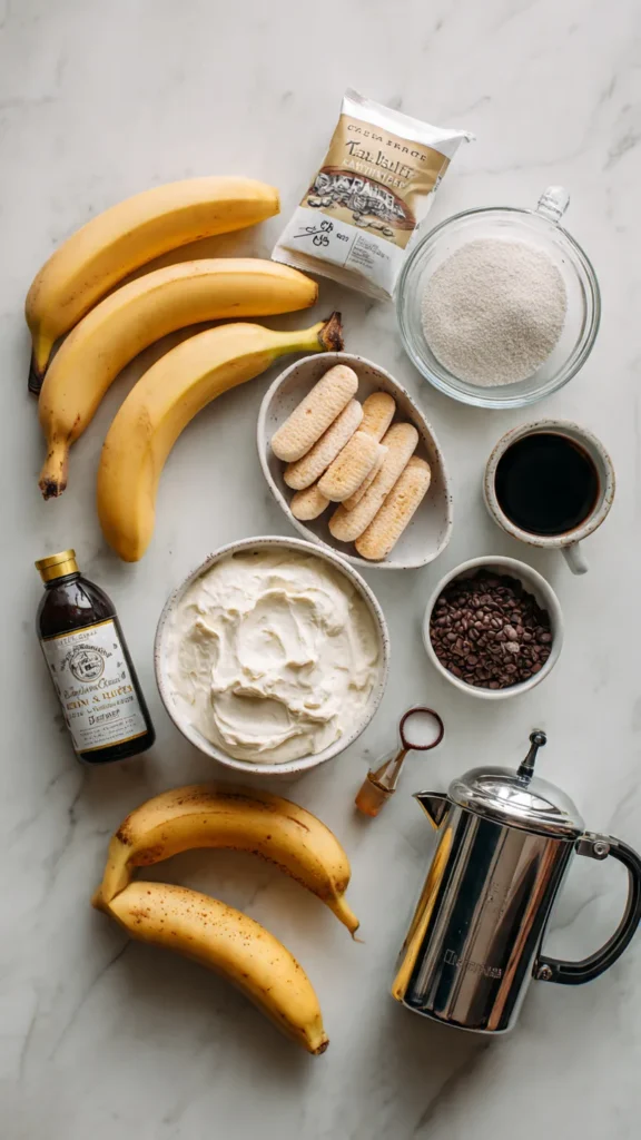 All ingredients for banana tiramisu including mascarpone cheese, fresh bananas, ladyfinger cookies, heavy cream, coffee, and cocoa powder arranged on marble countertop
