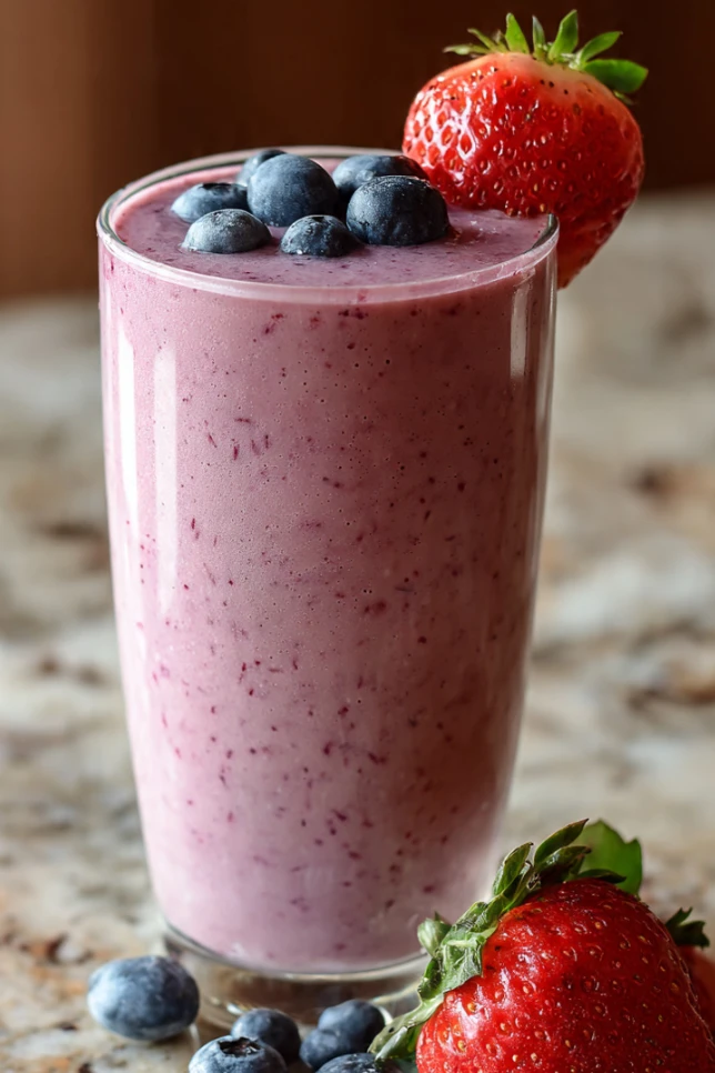 Creamy berry protein smoothie in a tall glass topped with fresh blueberries and strawberry on a marble countertop