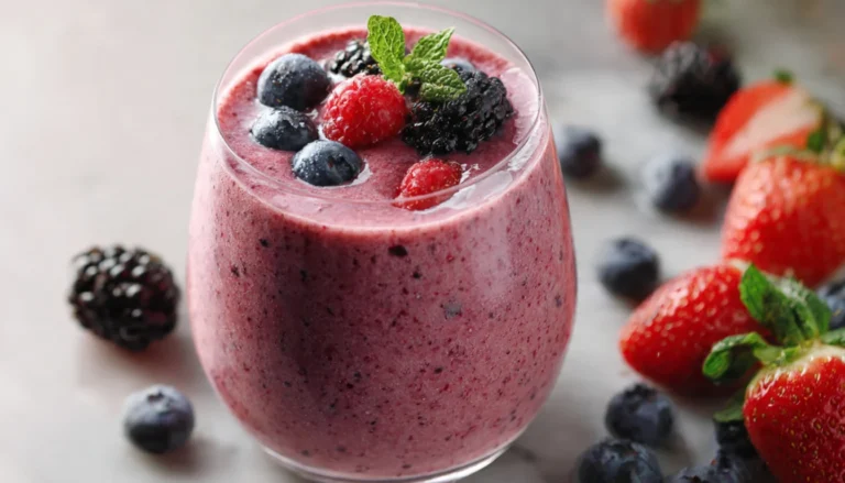 Creamy berry protein smoothie in a tall glass topped with fresh blueberries and strawberry on a marble countertop