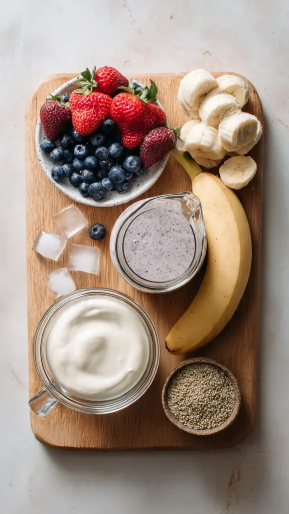 Flat lay of berry protein smoothie ingredients including Greek yogurt, mixed berries, banana, protein powder, and almond milk