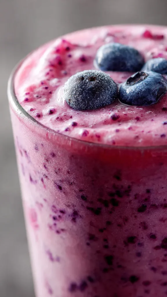 Close-up of thick creamy berry protein smoothie texture with visible berry flecks and blueberries on top