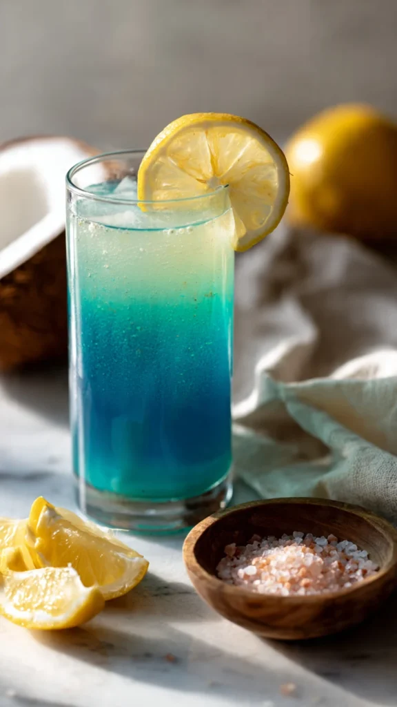 Vibrant blue spirulina tonic in a tall glass with fresh lemon slices and Himalayan salt on marble countertop