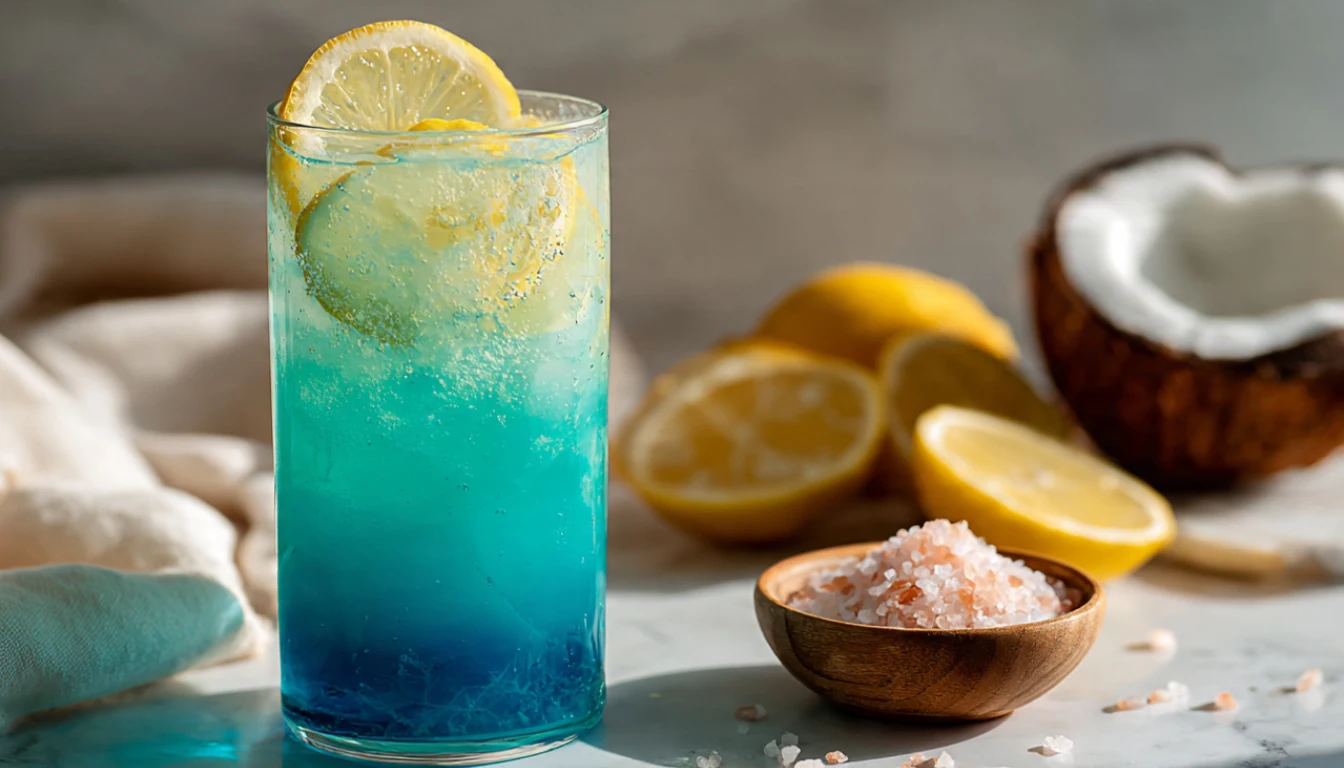 Vibrant blue spirulina tonic in a tall glass with fresh lemon slices and Himalayan salt on marble countertop