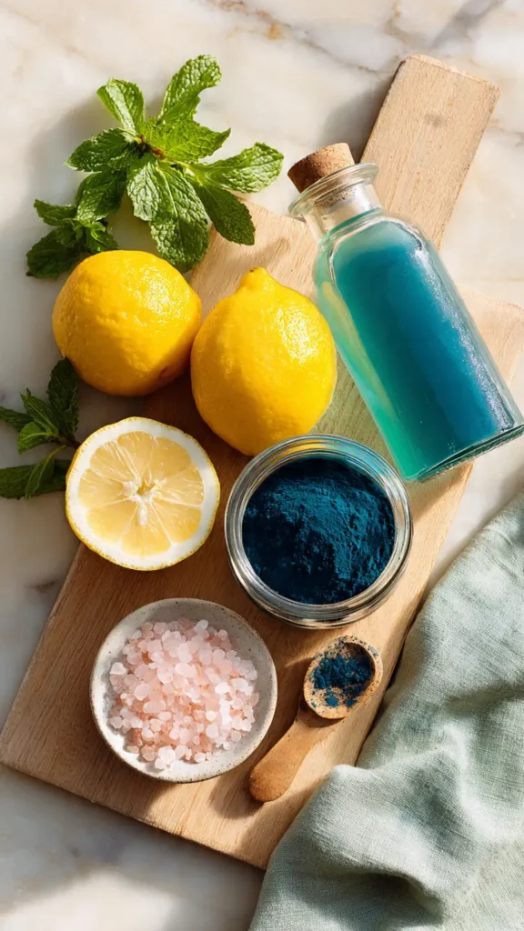 Flat lay of blue tonic ingredients including coconut water, blue spirulina powder, fresh lemons, and Himalayan pink salt