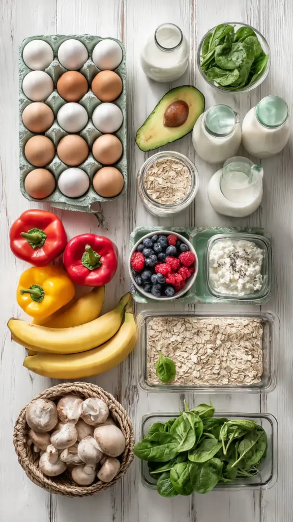 Organized breakfast meal prep ingredients including eggs, vegetables, Greek yogurt, and oats