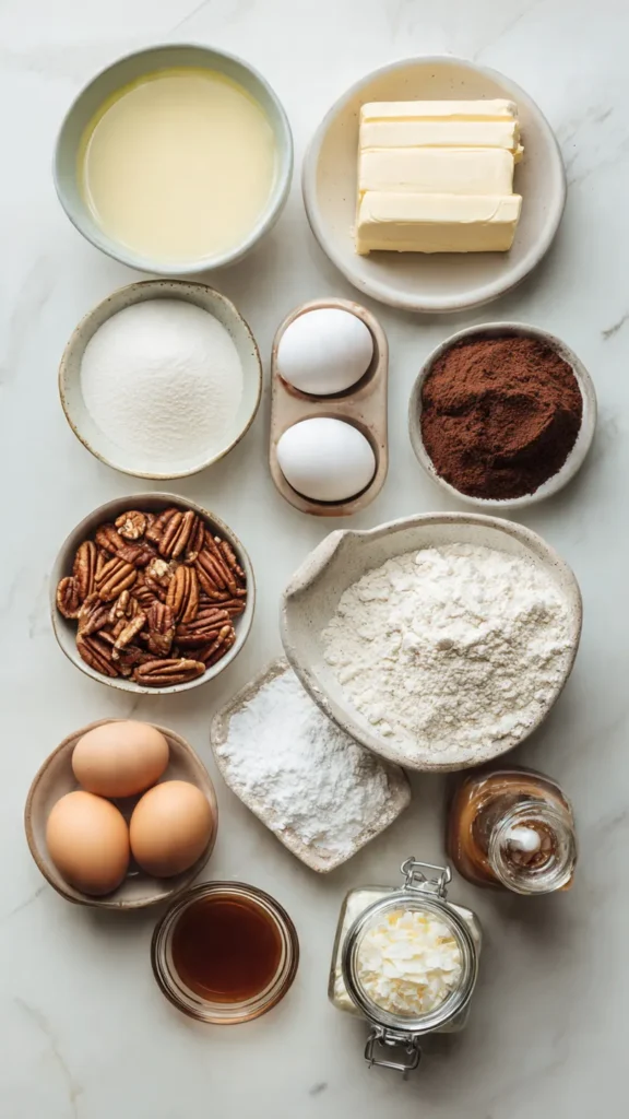 All ingredients for caramel pecan brownie cheesecake cups arranged on marble counter including cream cheese, cocoa powder, pecans, and caramel