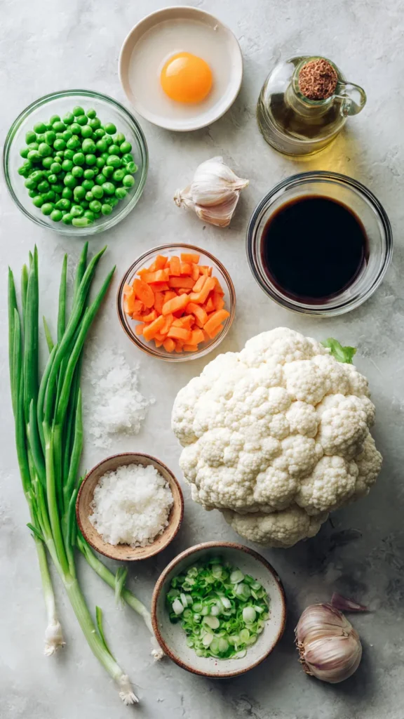 Ingredients for cauliflower fried rice including fresh cauliflower, eggs, peas, carrots, green onions, garlic, ginger, soy sauce, and sesame oil arranged on marble surface