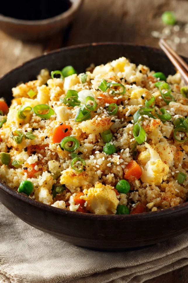 A bowl of cauliflower fried rice with scrambled eggs, peas, carrots, and green onions, served with chopsticks on a wooden table