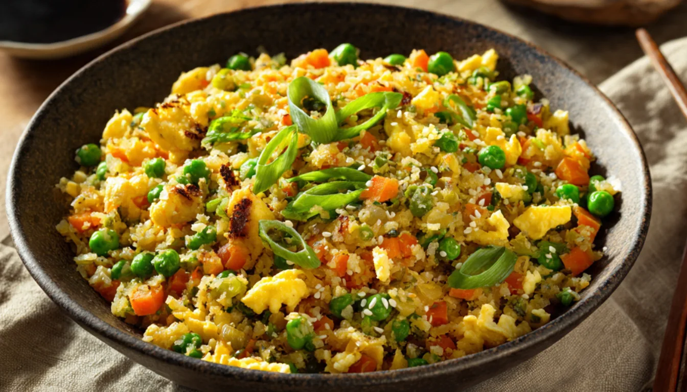 A bowl of cauliflower fried rice with scrambled eggs, peas, carrots, and green onions, served with chopsticks on a wooden table