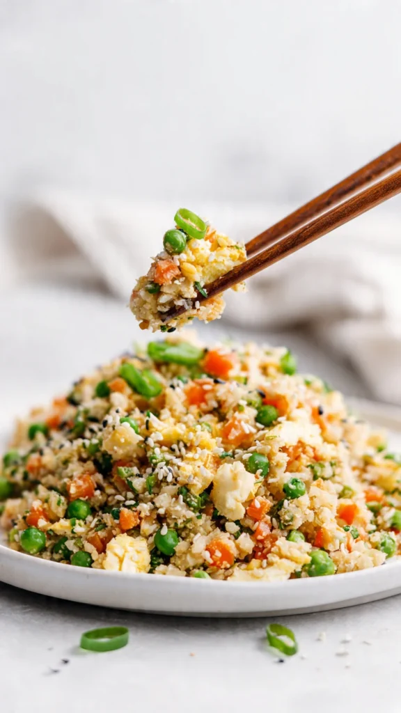 A portion of cauliflower fried rice on a white plate with chopsticks lifting a bite
