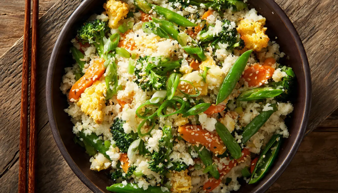 Easy cauliflower rice stir-fry recipe with colorful vegetables, only 180 calories per serving