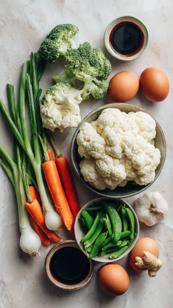 Fresh ingredients for cauliflower rice stir-fry including cauliflower, broccoli, carrots, snap peas, eggs and seasonings