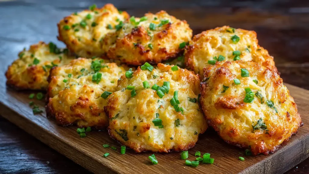 Freshly baked cheesy crab garlic biscuits with golden tops and flaky layers on wooden board