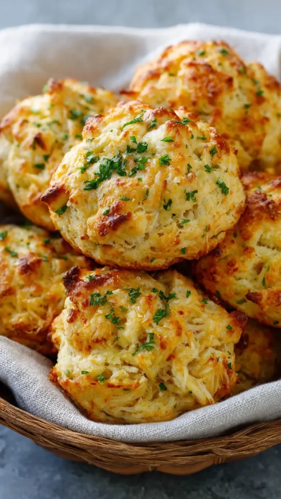 Freshly baked cheesy crab garlic biscuits with golden tops and flaky layers on wooden board
