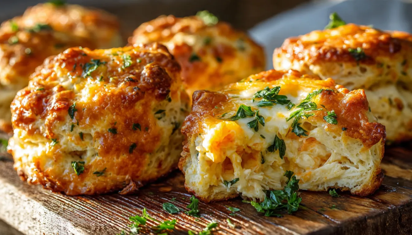 Freshly baked cheesy crab garlic biscuits with golden tops and flaky layers on wooden board