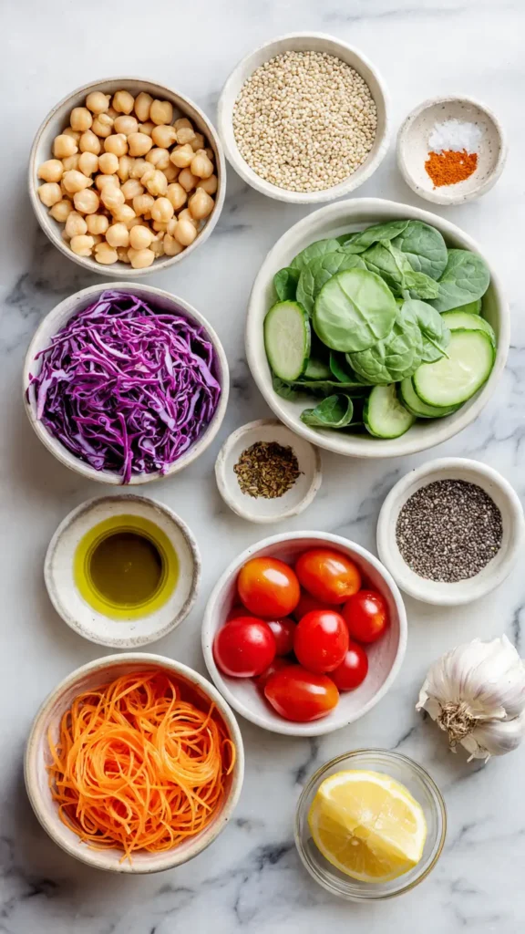 Flat lay of chickpea buddha bowl ingredients including chickpeas, quinoa, fresh vegetables, tahini, and spices on marble surface