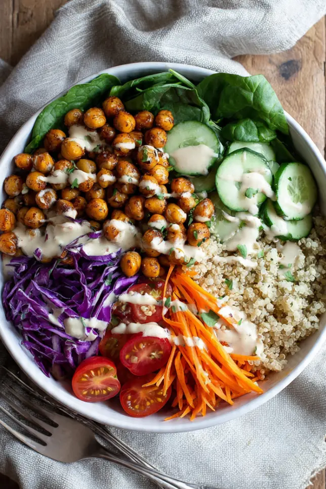 A healthy 320-calorie chickpea buddha bowl perfect for meal prep and weight loss