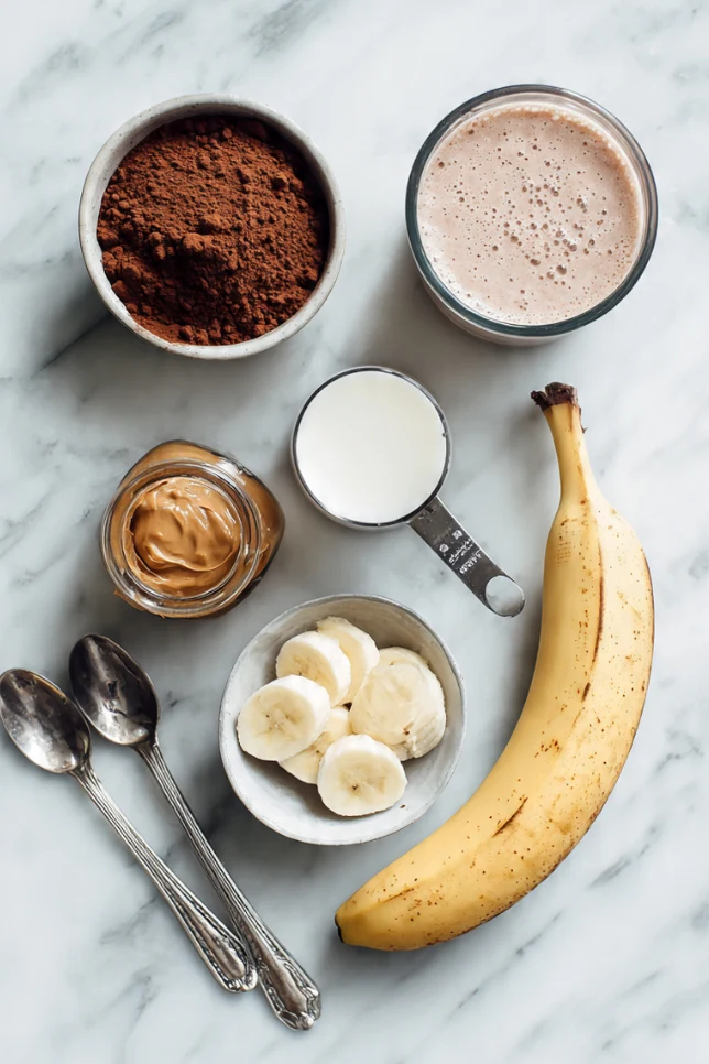 Ingredients for low calorie chocolate peanut butter smoothie laid out on marble surface
