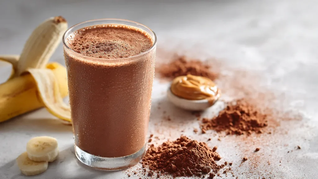 Creamy chocolate peanut butter smoothie in a glass with cocoa powder and banana nearby