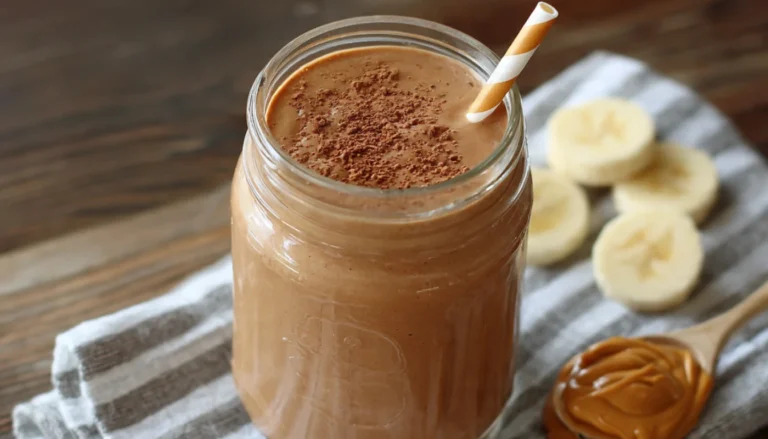 Creamy chocolate peanut butter smoothie in a tall glass with peanut butter drizzle on top