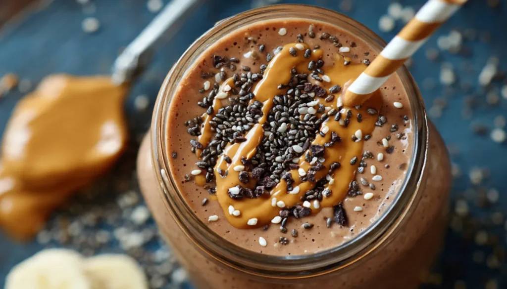 Creamy chocolate peanut butter smoothie in a tall glass with peanut butter drizzle on top