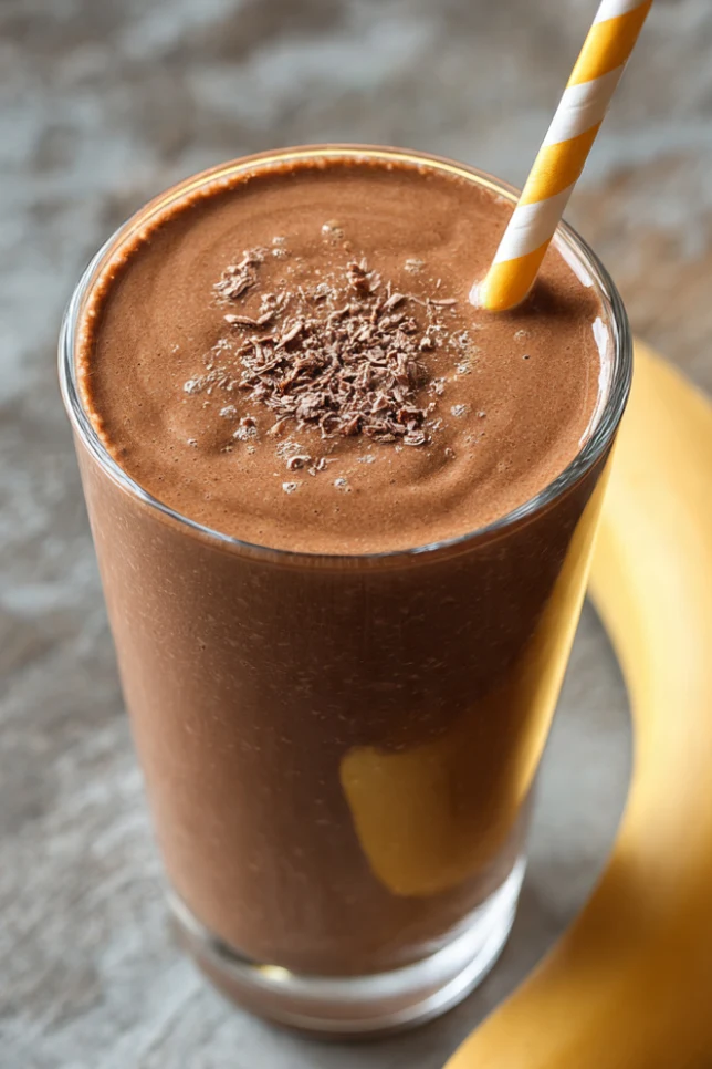 Creamy chocolate peanut butter smoothie in a tall glass with peanut butter drizzle on top