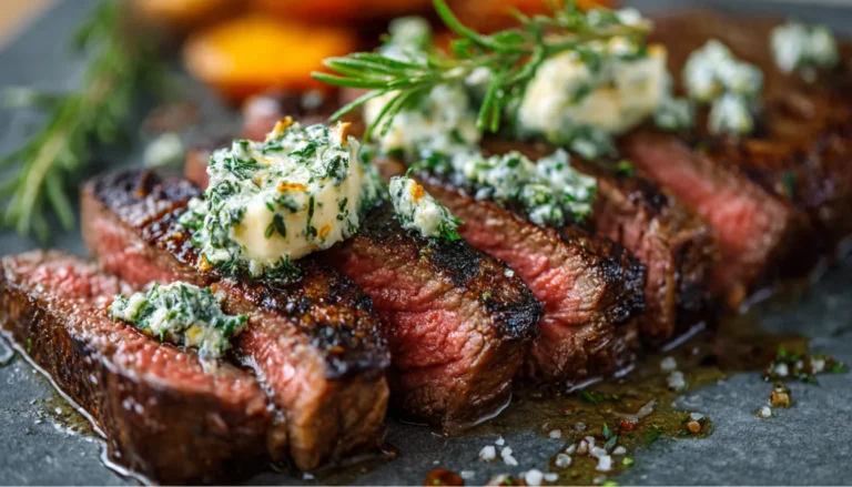 Herb butter steak with creamy garlic sauce on a dark wooden board with fresh herbs