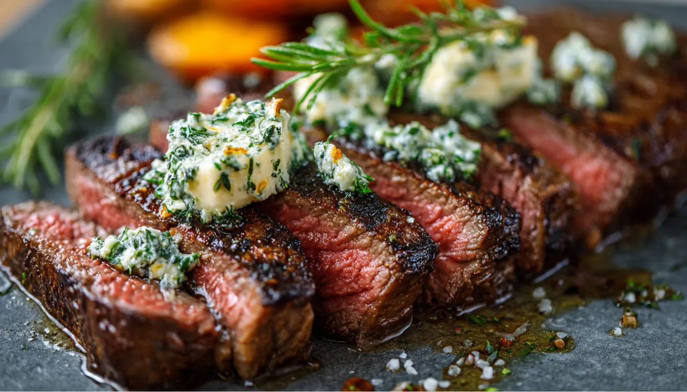 Herb butter steak with creamy garlic sauce on a dark wooden board with fresh herbs