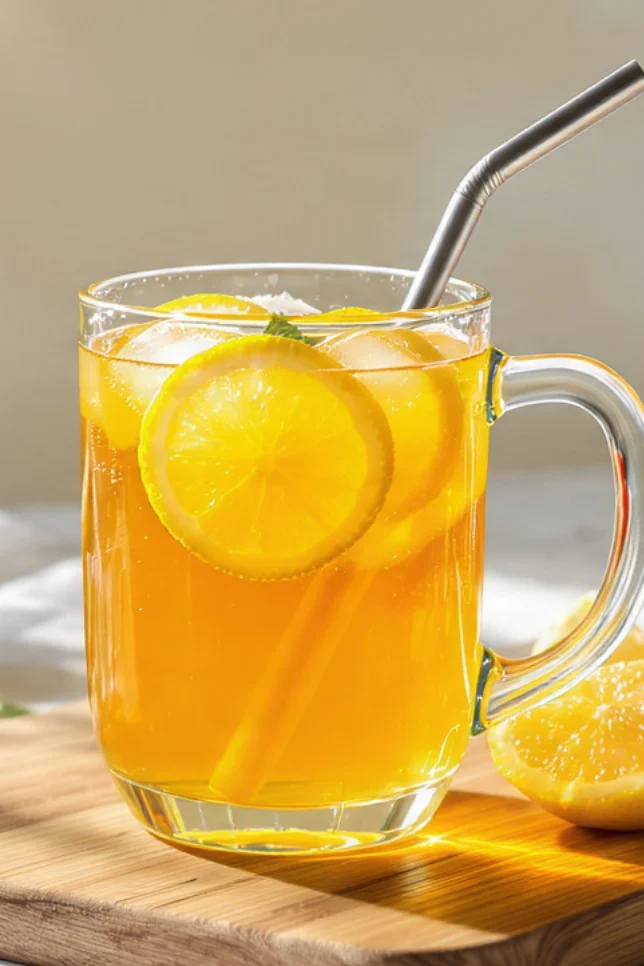 Glass mug of apple cider vinegar and lemon fat burner tonic with fresh lemons and ACV bottle on wooden board
