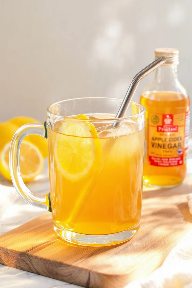 Glass mug of apple cider vinegar and lemon fat burner tonic with fresh lemons and ACV bottle on wooden board