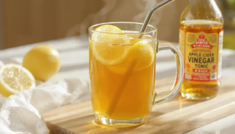 Glass mug of apple cider vinegar and lemon fat burner tonic with fresh lemons and ACV bottle on wooden board