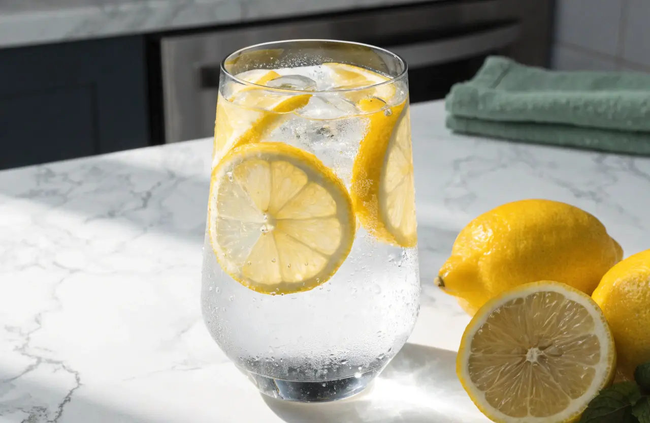 Glass of fresh lemon water on kitchen counter with whole lemons and mint leaves