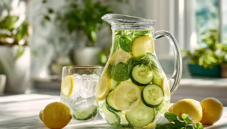 Glass pitcher filled with cucumber lemon detox water with fresh mint leaves on white marble counter