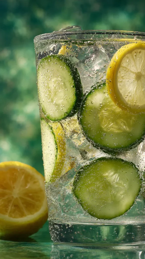 Close up of glass filled with cucumber lemon infused water with ice and fresh mint