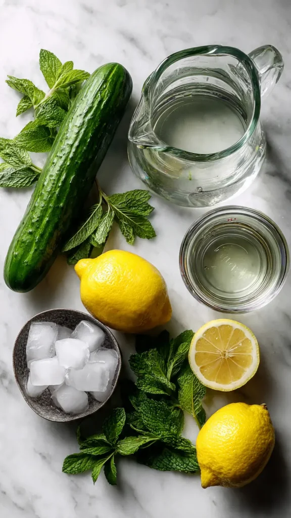 Ingredients for making cucumber lemon detox water including cucumber, lemon, mint and pitcher