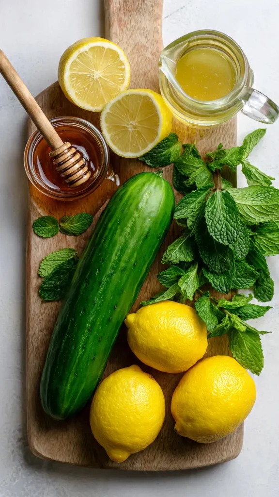 Flat lay of cucumber lemonade ingredients including cucumber, lemons, mint, and honey on a wooden board