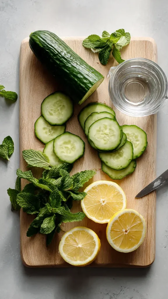 Flat lay of cucumber mint lemon water ingredients on wooden cutting board